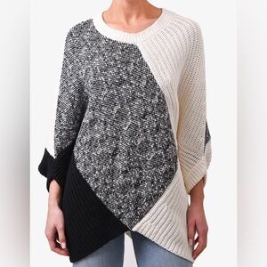 Maje Patchwork Cape Cocoon Poncho Knit Sweater O/S Black Cream Asymmetrical Hem